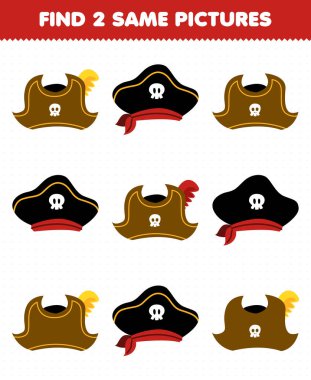 Çocuklar için eğitim oyunu sevimli çizgi film şapkası basılabilir korsan çalışma kağıdının iki aynı resmini buluyor
