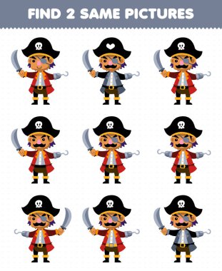 Çocuklar için eğitim oyunu sevimli çizgi film kaptanı karakterinin basılabilir korsan çalışma kağıdının iki aynı resmini bulur