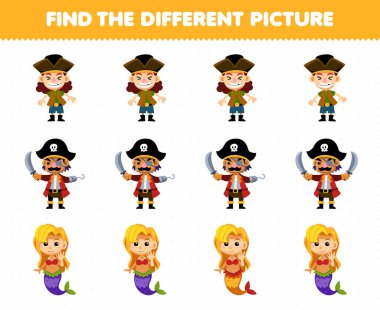 Çocuklar için eğitim oyunu, her çizgi film karakteri ve deniz kızı basılabilir korsan çalışma kağıdının her satırında farklı bir resim bulur.