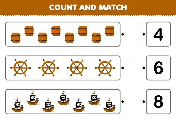 Education Game Children Count Number Cute Cartoon Barrel Wheel Ship — Stock Vector