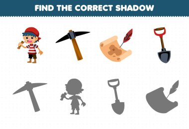 Çocuklar için eğitim oyunu sevimli çizgi filmci çocuğun doğru gölge setini bulmak hazine haritası ve kürekle basılabilir korsan çalışma kâğıdı