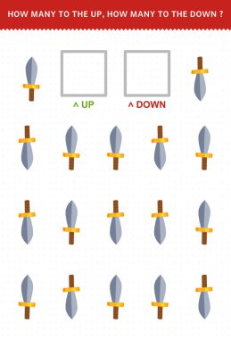 Sevimli karikatür kılıç basılabilir korsan çalışma kağıdının yukarı ve aşağı sayım yapan çocuklar için eğitim oyunu