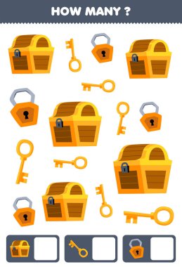 Çocuklar için eğitim oyunu arama ve sayma sevimli karikatür göğüs anahtarı ve asma kilit basılabilir korsan çalışma tablosu nesneleri