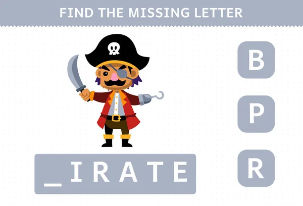 Education Game Children Find Missing Letter Cute Cartoon Pirate Captain — Stock Vector