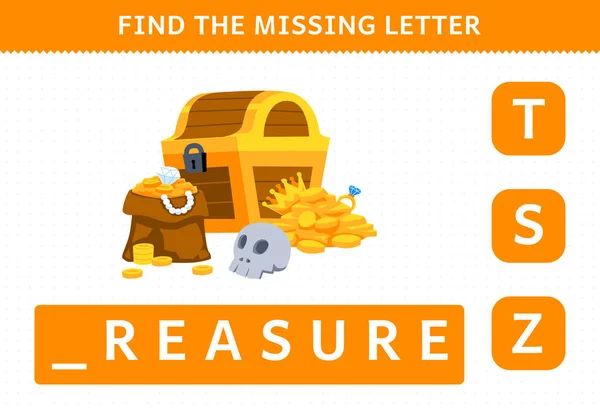 Education Game Children Find Missing Letter Cute Cartoon Treasure Printable — Stock Vector
