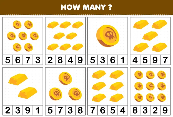 Vzdělávací Hra Pro Děti Počítání Kolik Roztomilé Karikatury Zlaté Mince — Stockový vektor