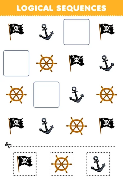 stock vector Education game for children logical sequences for kids with cute cartoon flag wheel and anchor printable pirate worksheet