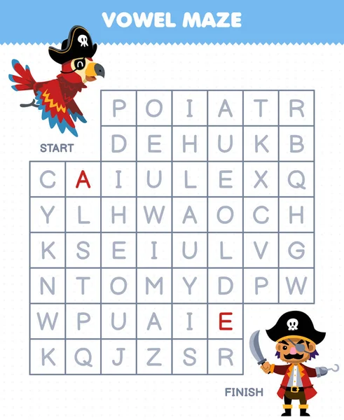 Education Game Children Vowel Maze Help Cute Cartoon Parrot Move — Stock Vector