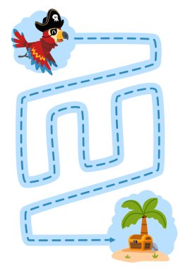 Çocuk el yazısı alıştırması için eğitim oyunu çizgilerin izini sürün şirin papağanın ağaç yazdırılabilir korsan çalışma kağıdına geçmesine yardımcı olun