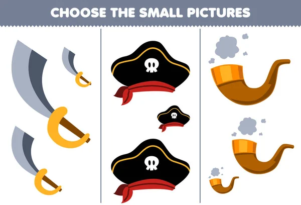 子供のための教育ゲームはかわいい漫画の剣の帽子とパイプ印刷海賊ワークシートの小さな画像を選択します — ストックベクタ