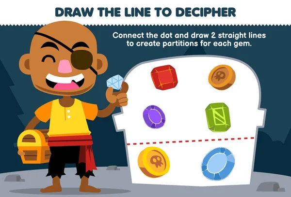 子供のための教育ゲームは はげ男が宝石印刷海賊ワークシートを分離するために線を描くのを助ける — ストックベクタ