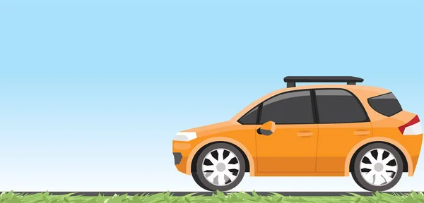 stock vector Side view of travel vehicle orange color with roof rack attached. on the asphalt road with leaf of green grass. and clear of the sky for background.