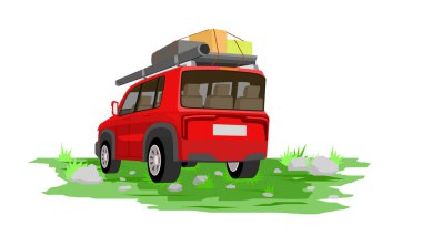 Rear side of tourist car with luggage on the rack and flysheet to protect it from the rain. Parking on the green grass with stone. on isolate white background.