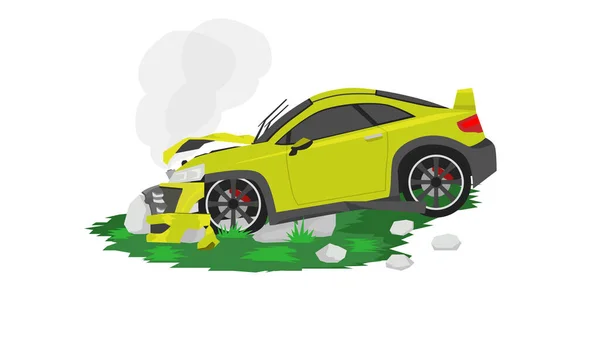Vector Illustration Road Accidents Yellow Car Collided Large Boulders Green — Image vectorielle