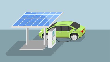 EV şarj istasyonu ile güneş pili teknolojisinin vektörü veya illüstrasyonu. Elektrikli taşıt vagonu enerjiyi tazeler. Arkaplan yumuşak renk tonu.