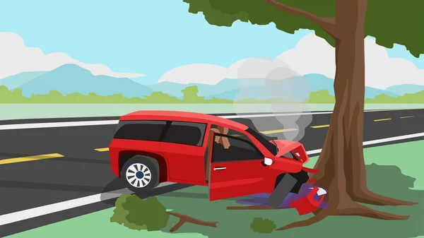 Danni Incidente Auto Grande Albero Incidente Non Può Guidare Era — Vettoriale Stock