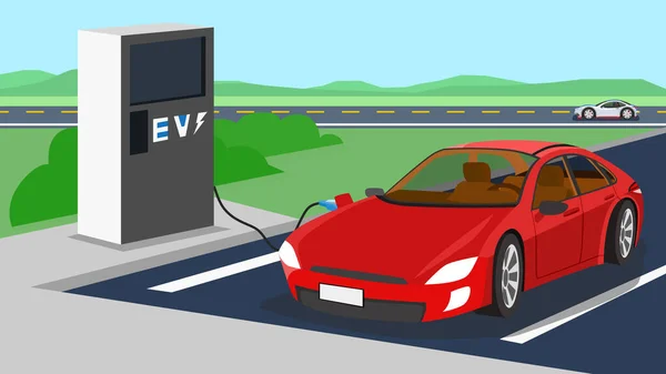 地方駅で充電電気自動車 車の視点 クリアガラス車の中を参照してください エネルギーサービスポイント 道路を車で高速道路脇の駅 — ストックベクタ