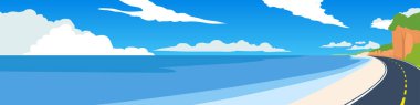 Düz Vektör Resmini Kopyala. Kumlu sahil boyunca kıvrımlı asfalt yolda. Uçurumların ve yeşil ağaçların yanında. Parlak mavi denizi olan güzel kıvrımlı bir sahil. Mavi gökyüzü ve beyaz bulutların altında.