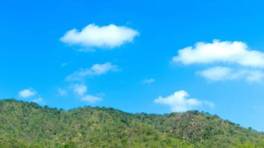 Yeşil dağ Whit dolu ağaçlar ormanı. Mavi gökyüzünün altında beyaz bulutlarla.