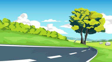 Düz Vektör Resmini Kopyala. Asfalt yolu kıvrımlı ve geniş açık yeşil çimen alanlarının çevresi. Virajda büyük bir ağaç. Mavi gökyüzü ve beyaz bulutların altında çayır ve dağ.