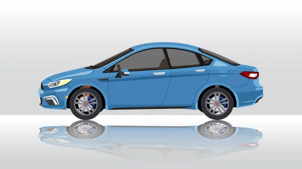 フラットブルーの車の詳細な側面のコンセプトベクトルイラスト 車の影が下の地面から反射しています そして隔離された白い背景 — ストックベクタ