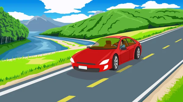 Elektrikli Aracın Içindeki Şoför Boş Yoldaki Kırmızı Spor Araba Nehir — Stok Vektör
