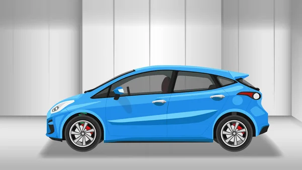 ショールーム内の新しい車のベクトルやイラストレーター ハッチバック車の青の色は車の中で見ることができます ショールームの金属モダンスタイルの背景 — ストックベクタ