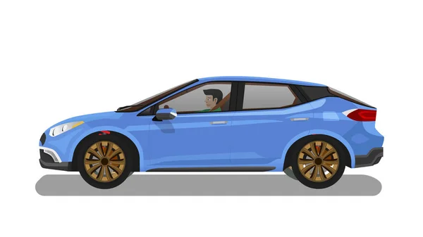 フラットブルーの車の詳細な側面のコンセプトベクトルイラスト 車の影で ドライバーと車のインテリアを表示することができます 隔離された白い背景 — ストックベクタ