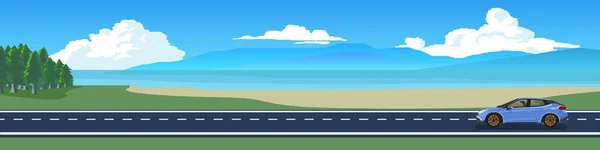 バナーの漫画輸送旅行 旅行のための運転とスポーツカー 緑の草や木の近くのアスファルトの道路 青い空と白い雲の下で島と海のビーチでの旅行の背景 — ストックベクタ