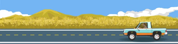 Фермерские Хозяйства Пикапы Баннера Автомобильный Пикап Путешествий Стариком Рулем Дороги — стоковый вектор