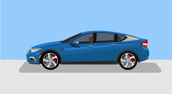 フラットブルーの車の詳細な側面のコンセプトベクトルイラスト 車の影が下の地面から反射しています 隔離された青と灰色の背景 — ストックベクタ