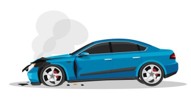 Önden hasar gören arabaların vektörü veya illüstrasyonu. Buruşuk başlık, çatlak tekerlekler, hasarlı ön kapı kolları. Arabanın motorundan çıkan dumanla. İzole edilmiş beyaz arkaplan.