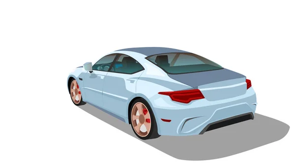 漫画車のベクトルまたはイラストレーター 車のアイソメトリックリア側のビュー 車の内部を見ることができます 運転手はいない 柔らかい青の車のセダン 隔離された白い背景の影 — ストックベクタ