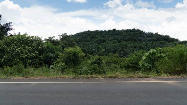 Tayland 'daki asfalt yolunun yatay görüntüsü. Ağaçların ve dağların arkaplanı uzaklardaki mavi gökyüzü ve beyaz bulutların altında. Chanthaburi 'nin Ban Chokdee Yolu.