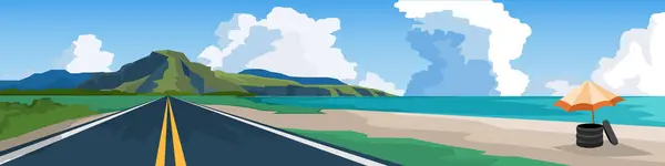 Вектор Иллюстратор Ландшафтной Транспортировки Асфальтовой Дороги Природе Горы Морским Пляжем — стоковый вектор