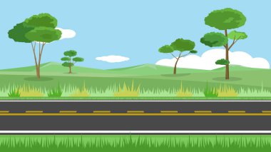 Asphalt Yolu 'nun yatay görüntüsünün vektörü veya çizicisi. Ağaçların, yeşil çimenlerin ve dağların arka planı. Mavi gökyüzünün altında.