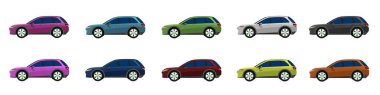 Hatchback arabalarının renkli koleksiyonunu yapan vektör ya da çizer. Elektrikli araç tasarımı. Farklı katmanlı renkli arabalar. İzole edilmiş beyaz arkaplanda.
