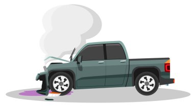 Pikap arabasının çizgi film kazası. Kaput açıldı ve ön kapak ağır hasar gördü. Ön motordan çıkan dumanla birlikte. Aşağıda petrol sızıyordu..