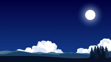 Sunum için arka plan. Gece vakti tepedeki çam ormanı. Dağların ve gece gökyüzünün altında beyaz pudlar ve ay ışığıyla. Metin eklemek için merkezde boş alan.