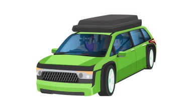 Gezgin arabasının yeşil rengi. İnsanların içini görebiliyorsun. İçinde direksiyon ve koltuklu konsol var. Ayrı katman kaputu. Çatıda, askıda. İzole edilmiş beyaz arkaplan.