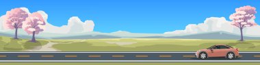 Yoldaki arabalı bir manzara. Pankart için sedan araba yolculuğu. Otlağın yanındaki asfalt yolda, açık gökyüzünün altında kiraz ağacı ve dağ var. Arabanın içini görebiliyorsun. Düz Vektörü Kopyala.