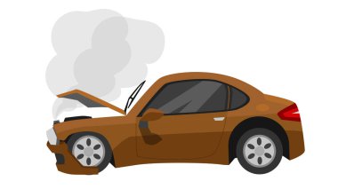 Beyaz arkaplanda izole edilmiş vektör veya illüstrasyon. Kahverengi araba kazası dışında. Motor dumanıyla arabanın kaputu açıldı. Etek yırtılmış..