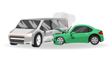 Vector or illustration car crash accident. Sport car crash to the middle of the van. Hood of green car open with smoke. Background on isolated. clipart