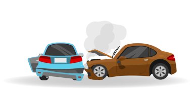 Vector veya Illustration of car. Kazara iki araba. Spor arabanın kaputu kahverengi renkli dumanla açık. Arka tarafı açık mavi araba kapısı kırılmış. Beyaz bir arkaplanda izole edilmiş.