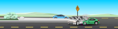 Vector or Illustrator of car accident on the asphalt road. Making a U-turn to cut directly in front of a car. Sport car crash to the middle of the van. clipart