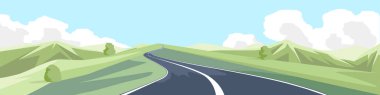 Tepedeki virajlı yolda. Asphalt yolu ilerideki hedefe gidiyor. Yuvarlanan tepeler ve yeşil alanlar. Pankart için vektör veya illüstrasyon taşımacılığı ve doğa arkaplanı.