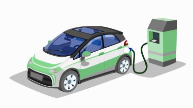 Eko arabanın vektörü ya da çizeri. Beyaz karışımlı yeşil renkli lüks EV arabanın içini görebilir. İzole edilmiş beyaz ekrandaki gölge. Elektrik dağıtım kabini. Arabaya elektrik enerjisi yükle.
