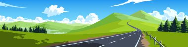 Tepedeki virajlı yolda. Asphalt yolu ilerideki hedefe gidiyor. Yuvarlanan tepeler ve yeşil alanlar. Vadideki ormanlar ve sis. Pankart için vektör veya illüstrasyon taşımacılığı ve doğa arkaplanı.
