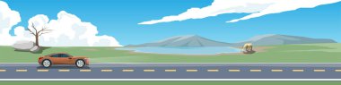 Pankart için araba kullanan bir sedan spor araba. Çayırın yanındaki asfalt yolda yeşil çimenler ve bufalo içme suyu olan bir nehir var. Mavi gökyüzü ve bulutların altındaki dağ. Düz Vektörü Kopyala.