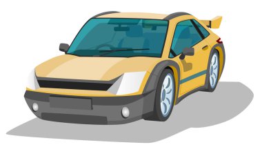 Cartoon style car with a bold and aggressive appearance. It features a bright yellow body. contrasting black accents. and a prominent rear spoiler. Design suggests it is intended for high performance. clipart